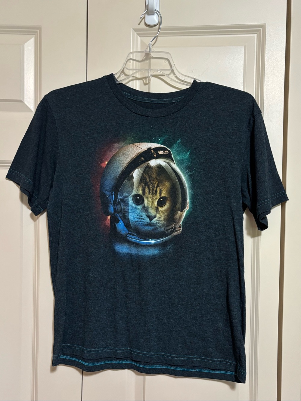 Hybrid Apparel Cat Astronaut Blue Heather Tee with Teal Stitching
